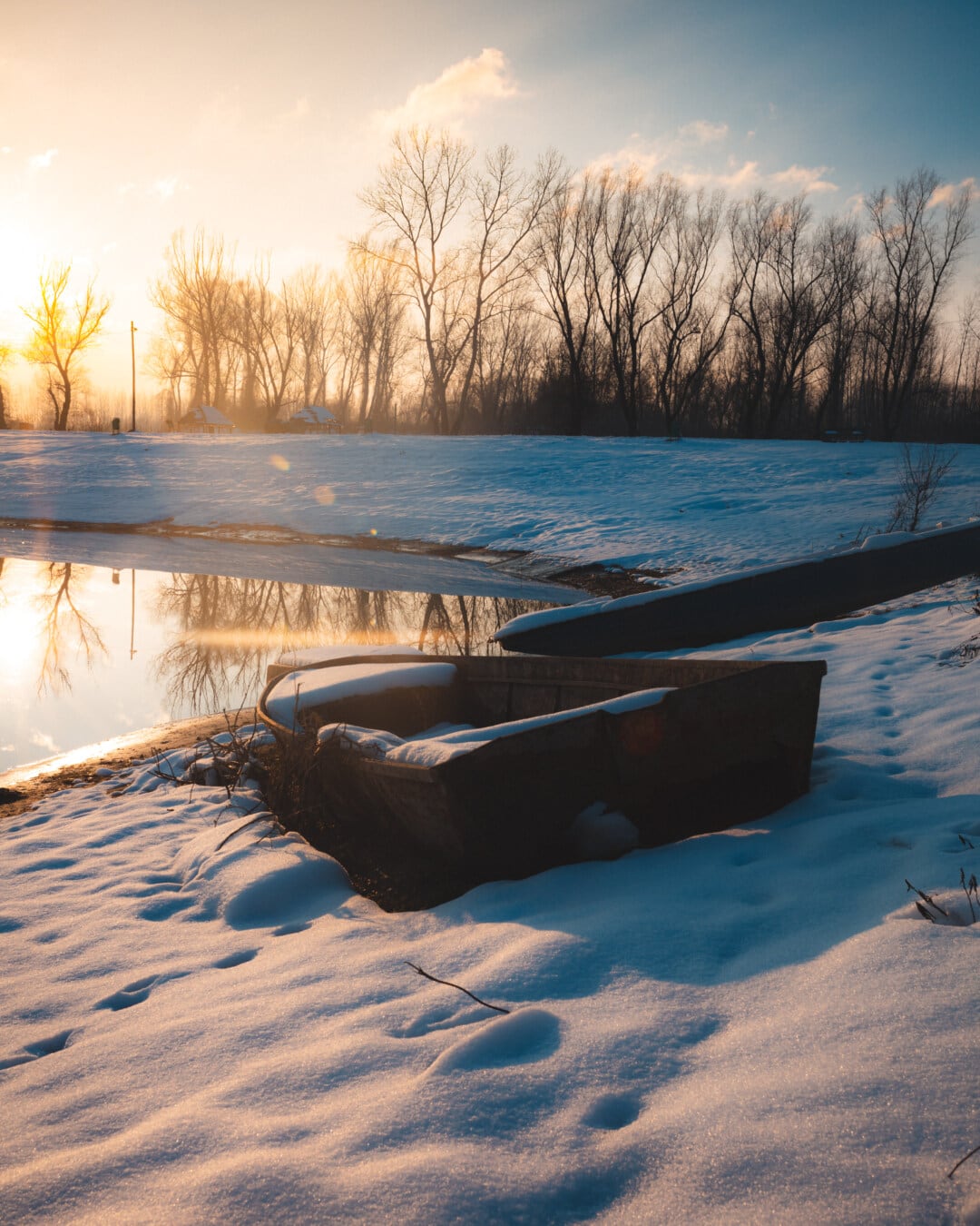 Winter, zonsopgang, boot, lakeside, besneeuwde, water, oever, zonsondergang, meer, sneeuw