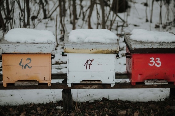 three, beehive, frosty, winter, snowy, colors, number, snow, box, nature