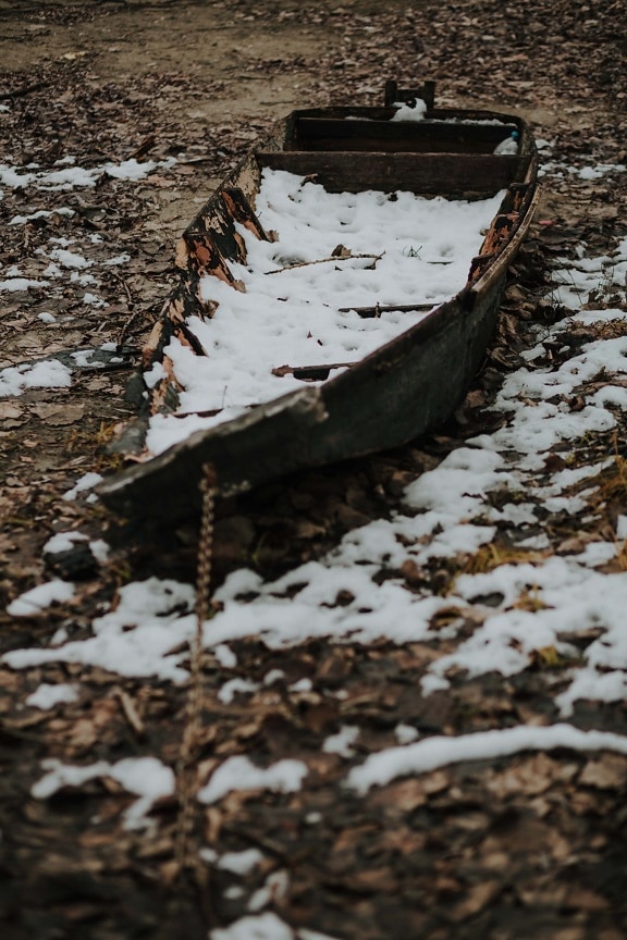 abandoned, boat, decomposition, derelict, snowy, snow, winter, landscape, nature, waste