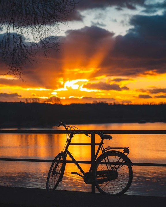 sunrays, sunset, sunrise, silhouette, bicycle, lake, fence, twilight, orange yellow, evening
