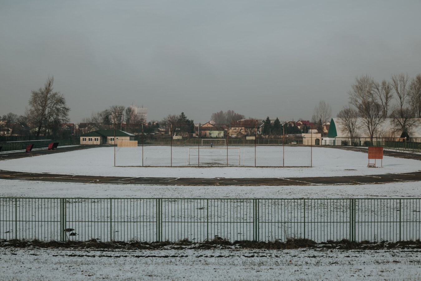 winter, empty, stadium, football, snow, water, cold, landscape, frost, fence