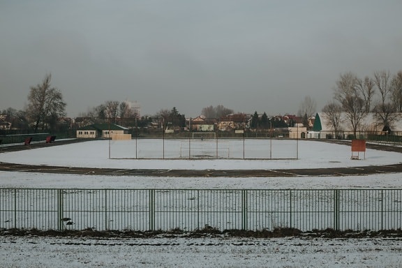 зимни, празен, стадион, футбол, сняг, вода, студено, пейзаж, скреж, ограда