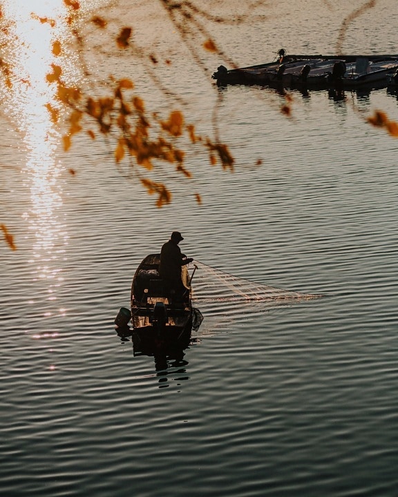 fisherman, fishing, sunrise, fishing boat, water, boat, lake, vehicle, man, reflection