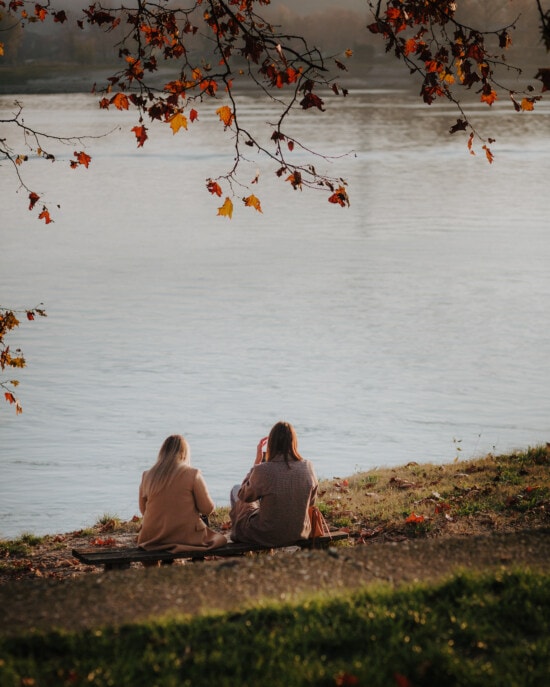 přátel, holky, přítelkyně, sedící, břehu řeky, podzimní sezóna, lidé, děvče, krajina, žena