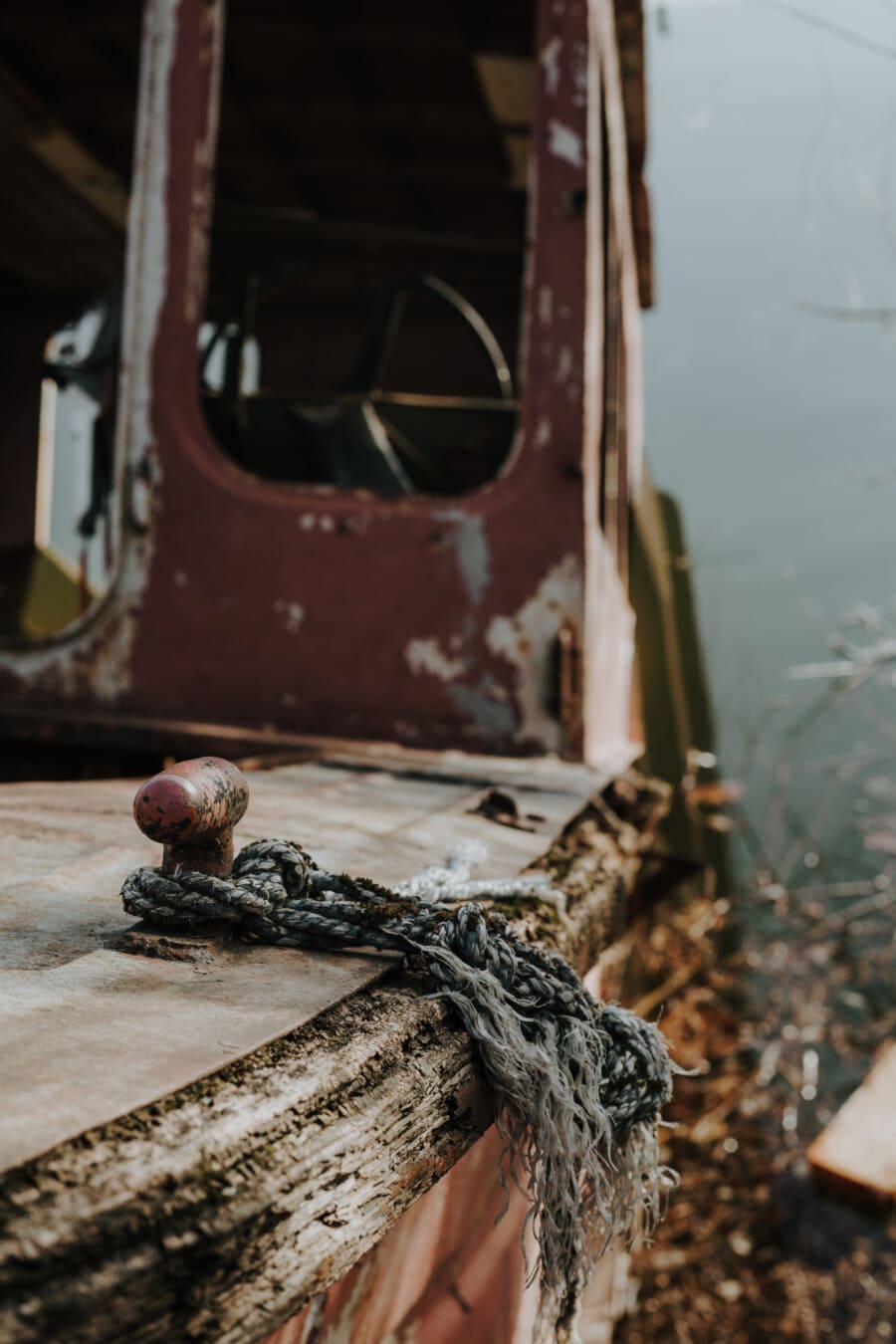 shipwreck, ship, old, abandoned, wreckage, decay, watercraft, rope, wood, water