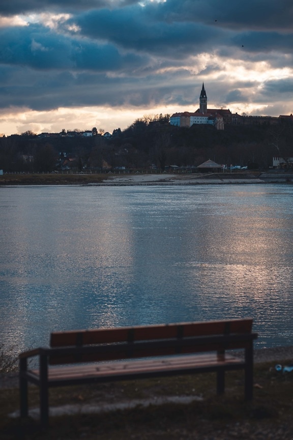 bench, riverbank, sunrise, distance, church tower, water, lakeside, shore, dawn, sunset
