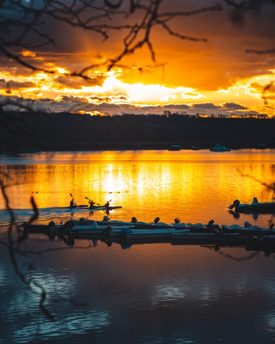 kayak, coucher de soleil, kayak, silhouette, paysage, eau, aube, réflexion, soleil, soirée