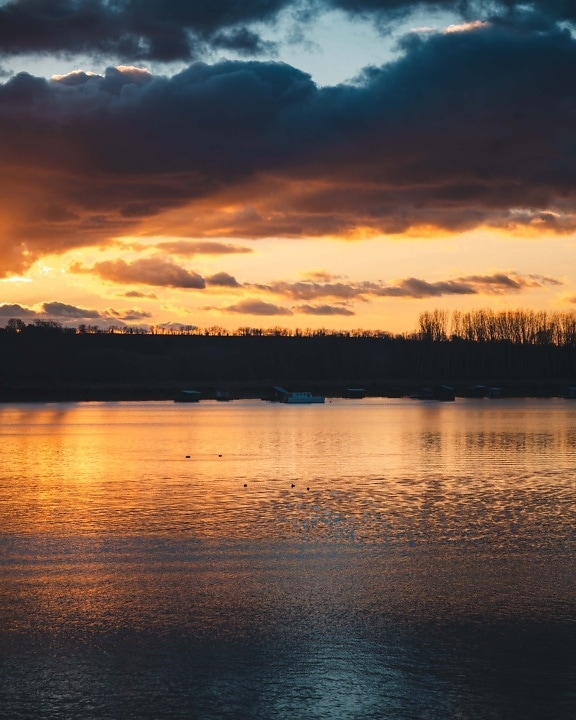 lakeside, sunset, lake, dramatic, clouds, orange yellow, reflection, sun, dawn, star