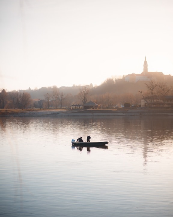 pescador, rio, homens, barco, névoa, manhã, amanhecer, água, reflexão, nevoeiro