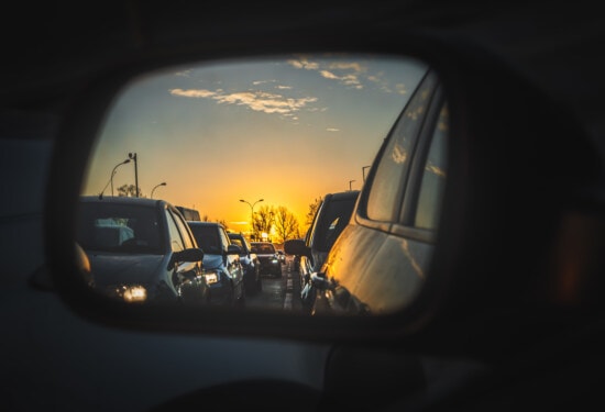 trafikkork, speil, veien, biler, kveld, bil, bil, kjøretøy, solnedgang, transport