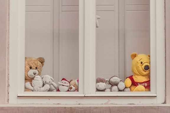 toys, teddy bear toy, window, indoors, house, wall, interior design, toy, wooden, inside