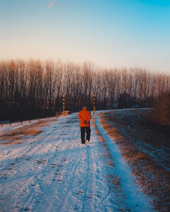 pensioner, walking, old man, jacket, winter, countryside, road, rural, snow, ice