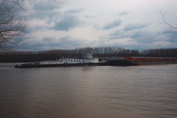 barge, cargo ship, shipment, heavy, river, water, landscape, ship, vehicle, bridge