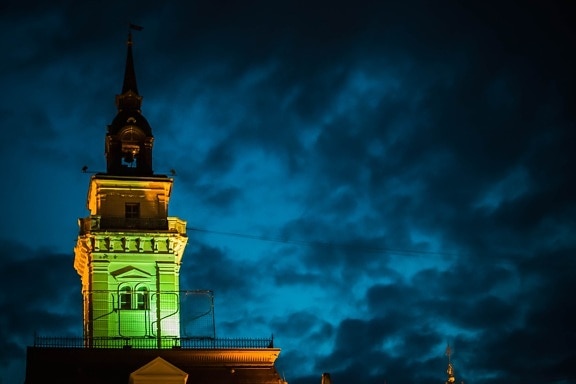 night, city hall, tower, cityscape, clouds, dark blue, building, architecture, outdoors, dark