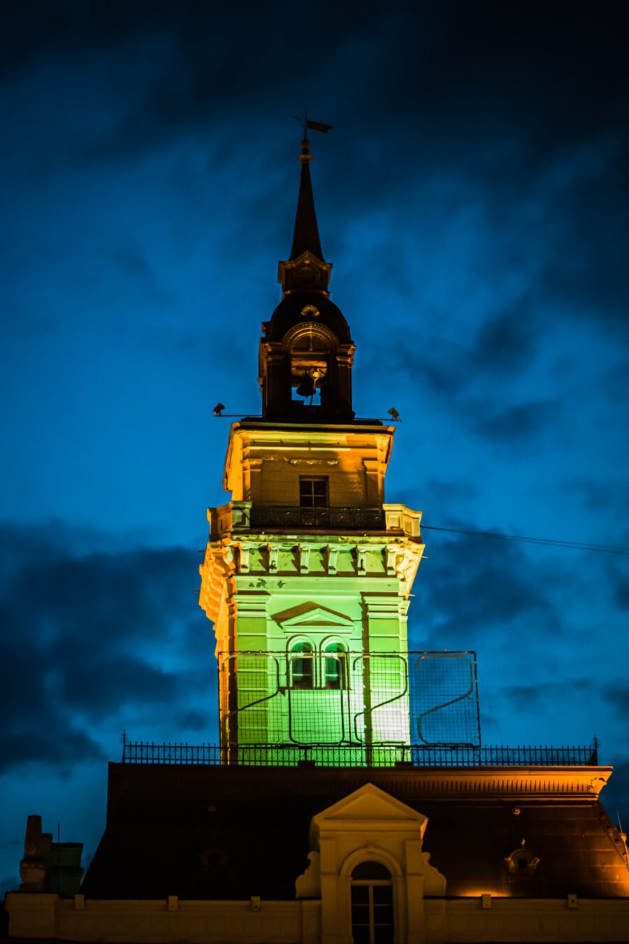 tower, nighttime, city hall, illuminated, lights, landmark, dark, architecture, temple, outdoors