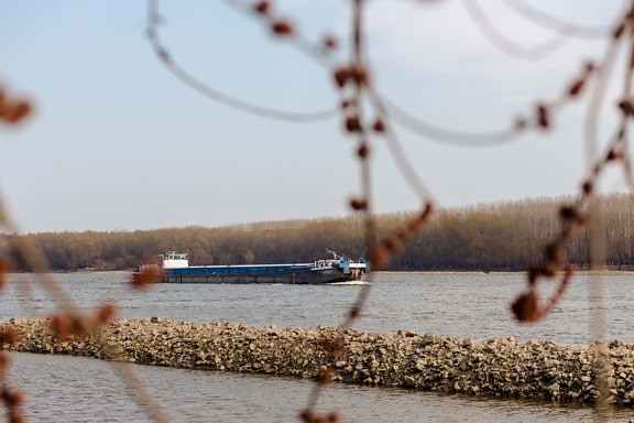 river, Danube, cargo ship, transport, shipment, shipping, ship, beach, nature, landscape