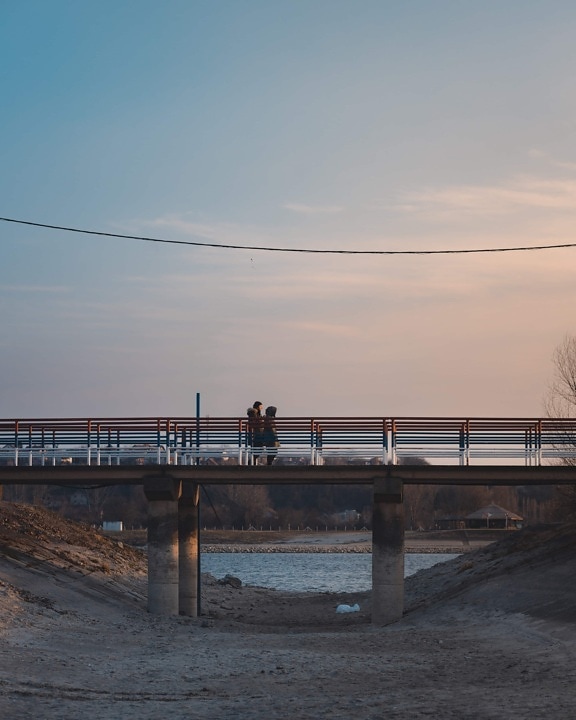 concrete, bridge, people, walking, riverbank, riverbed, dry season, river, landscape, dawn