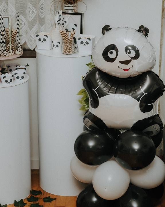 decoration, party, big, balloon, black and white, panda, elegant, still life, indoors, toy