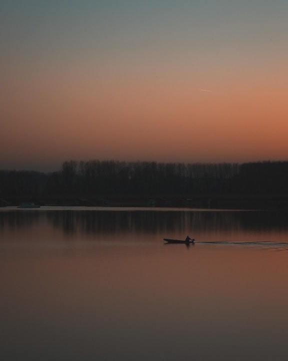 západ slunce, mlha, říční loď, silueta, voda, jezero, reflexe, Dawn, řeka, příroda