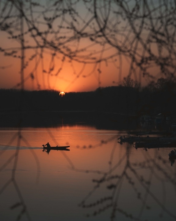 crépuscule, au bord du lac, soleil, jaune orangé, silhouette, bateau de pêche, coucher de soleil, eau, soirée, aube
