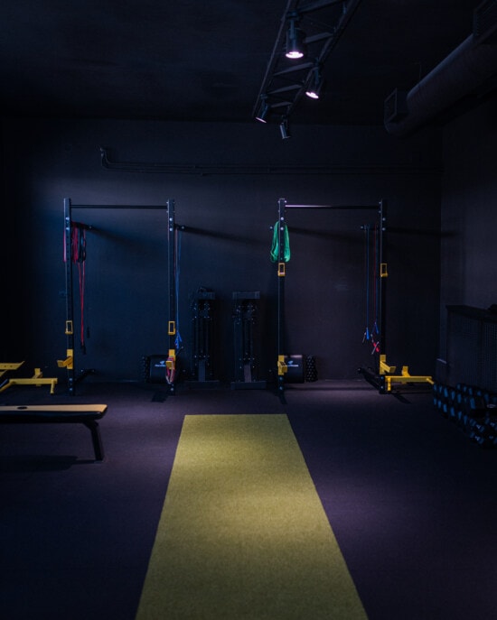 gym, interior design, modern, darkness, equipment, light, room, indoors, lamp, spotlight