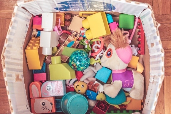 leksaker, kartong, Box, många, kul, inomhus, retro, behållare, docka, färgglada