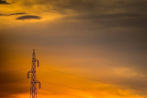 sunset, backlight, tower, distribution, silhouette, electricity, voltage, high, pylon, dawn