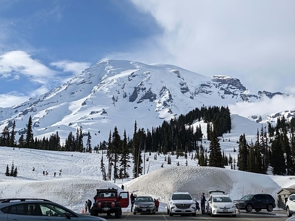 coches, porción del estacionamiento, ladera de la montaña, Turismo, Turismo, invierno, complejo, panorama, al aire libre, al aire libre
