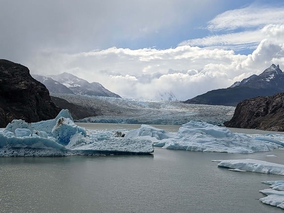 glacier, floating, iceberg, lake, mountains, water, snow, ice, landscape, mountain