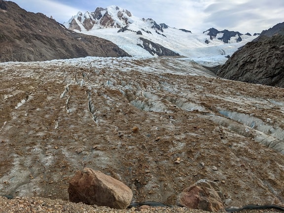 ice field, glacier, stones, rocks, stone boulder, mountain, mountains, peak, landscape, snow
