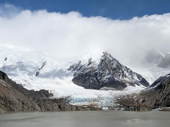 lake, frozen, mountainside, mountain peak, glacier, clouds, ice, landscape, mountain, mountains