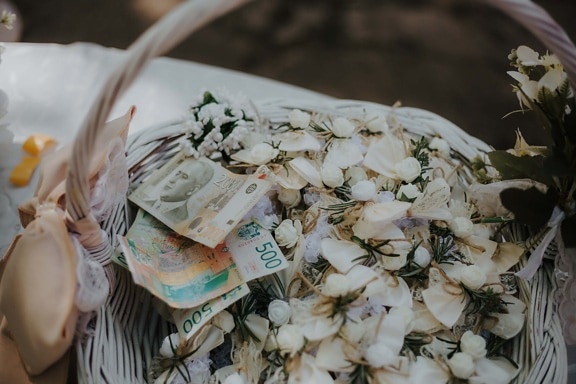 钱, 塞尔维亚, 婚礼, 柳条筐, 庆祝, 钞票, 传统, 花, 静物, 装饰