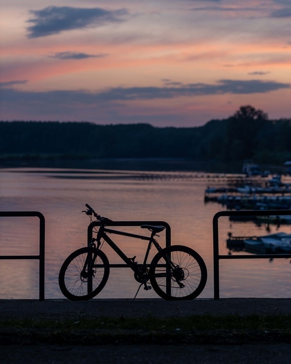 sunrise, morning, backlight, shadow, harbour, bicycle, lake, water, dawn, pier