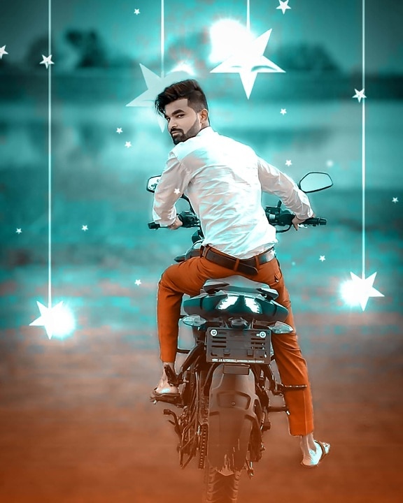 handsome, man, sitting, motorbike, photomontage, young, person, design, shining, stars
