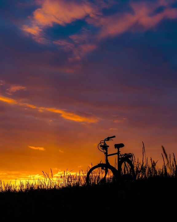 morning, sunrise, orange yellow, backlight, sunlight, silhouette, bicycle, landscape, dawn, evening