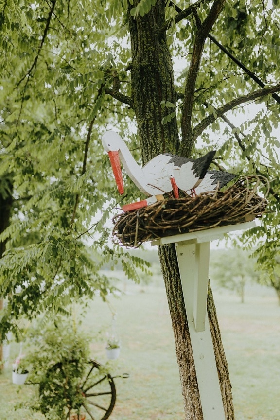 wooden, white stork, carpentry, handmade, nest, decoration, tree, bird, nature, equipment