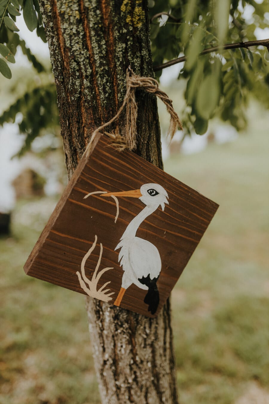 white stork, wooden, decorative, sign, handmade, hanging, old fashioned, tree, outdoors, leaf