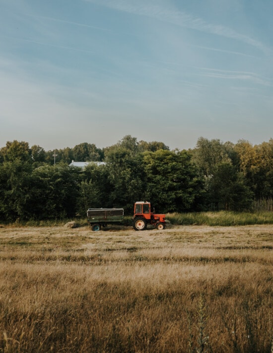 tractor, trailer, haystack, field work, hay field, vehicle, landscape, machine, farm, field