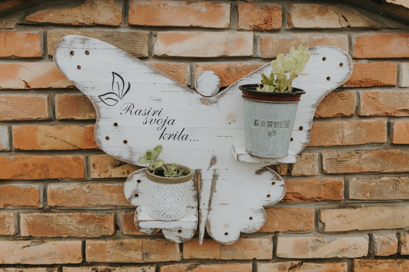 wooden, butterfly, decoration, bricks, wall, flowerpot, retro, old, traditional, brown