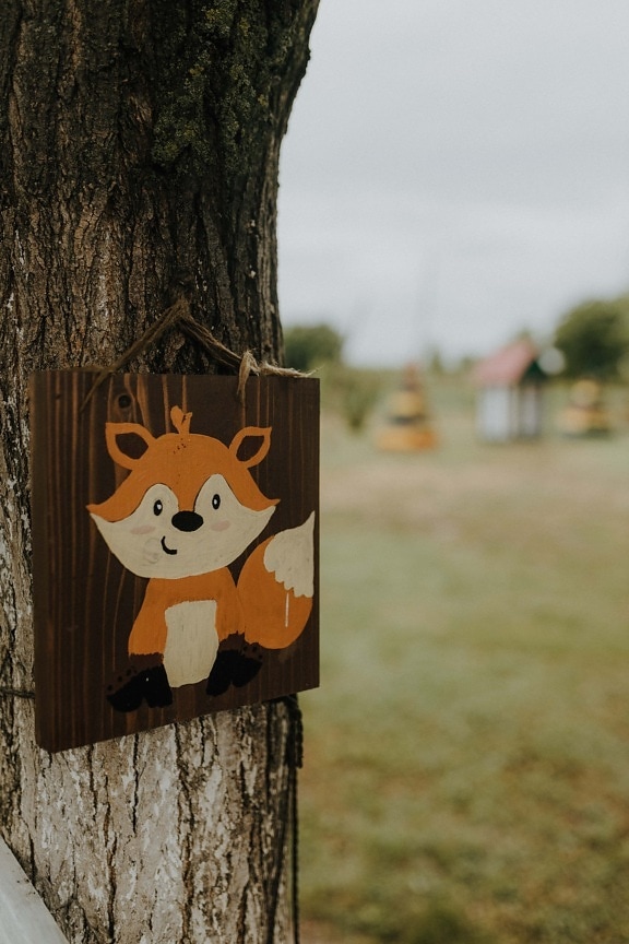 wooden, sign, funny, adorable, fox, tree, hanging, decoration, outdoors, old
