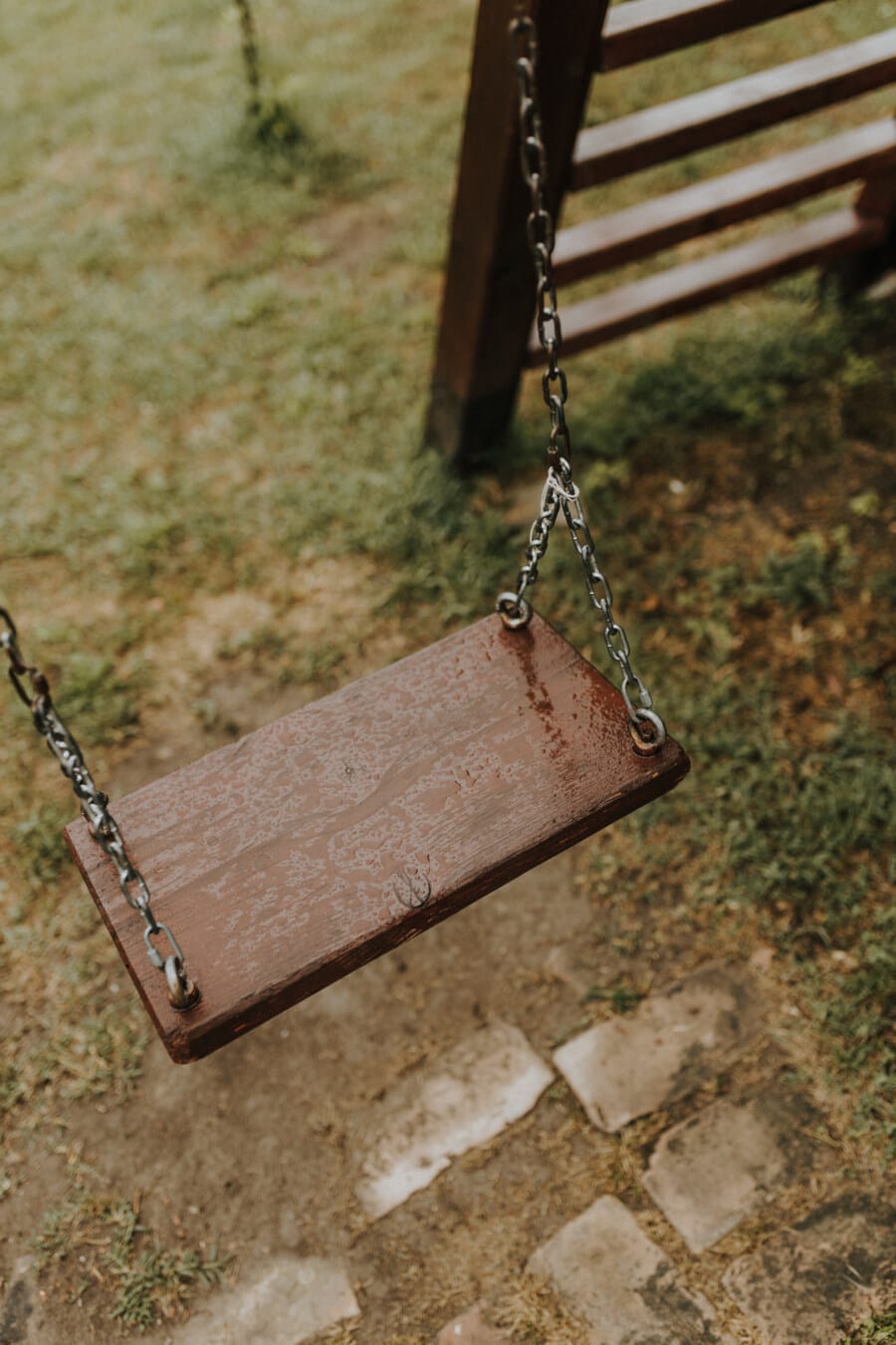 old, swing, chain, metal, wet, seat, outdoors, empty, hanging, retro