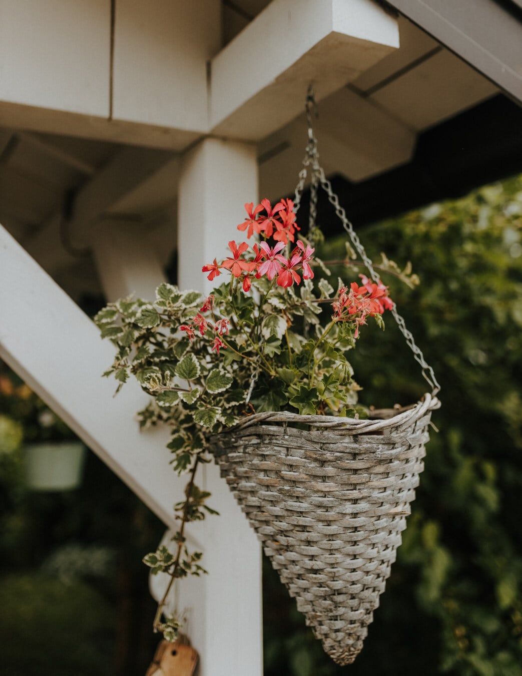 flowerpot, wicker basket, hanging, flower, decoration, garden, outdoors, flowers, arrangement, table