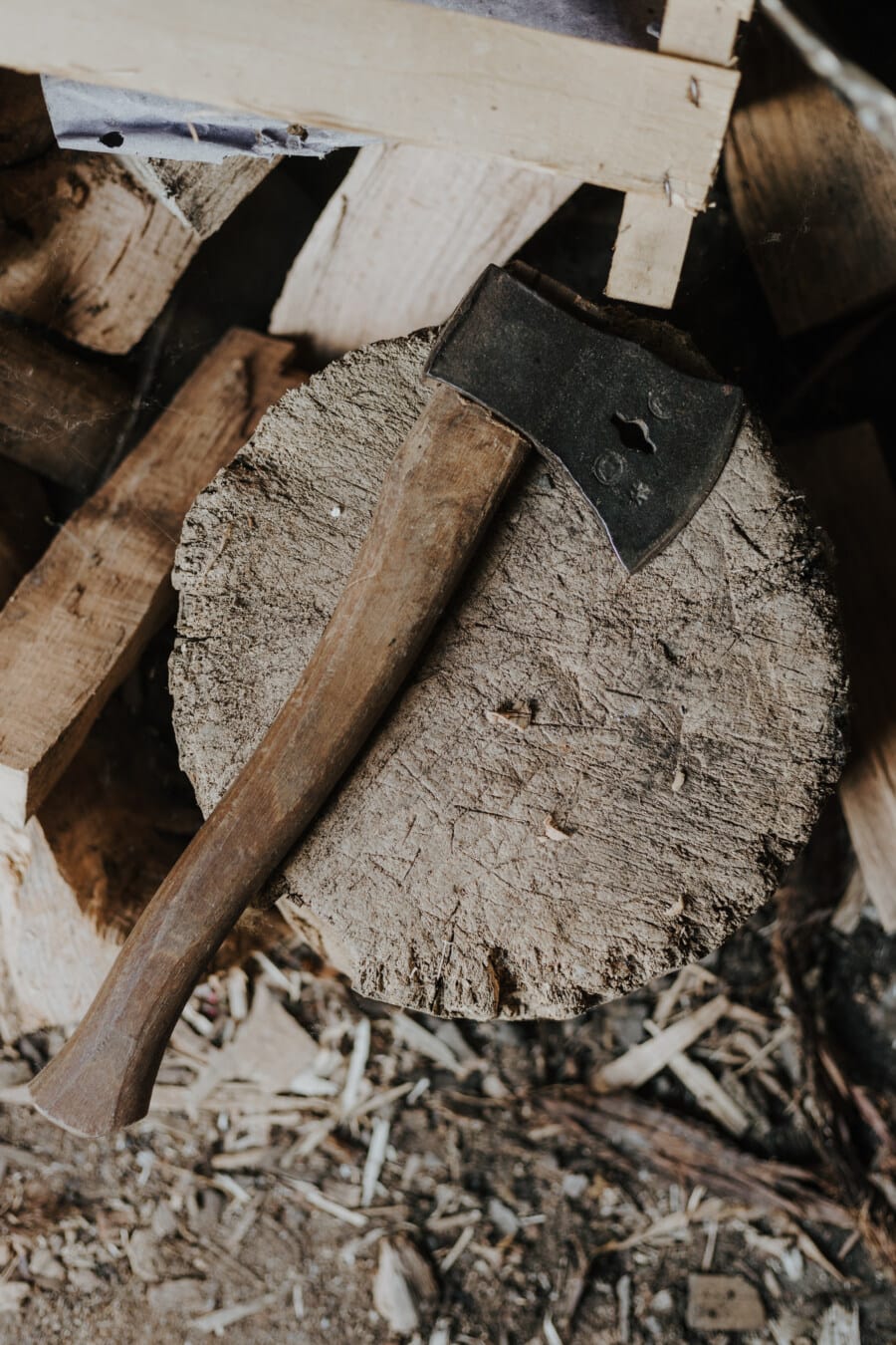 hacha, hierro fundido, herramienta de mano, leña, herramienta, madera, cortador de, sostenido, serrín, hierro