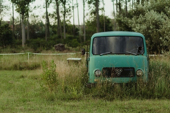truck, abandoned, derelict, decay, dark green, transportation, vehicle, grass, outdoors, nature