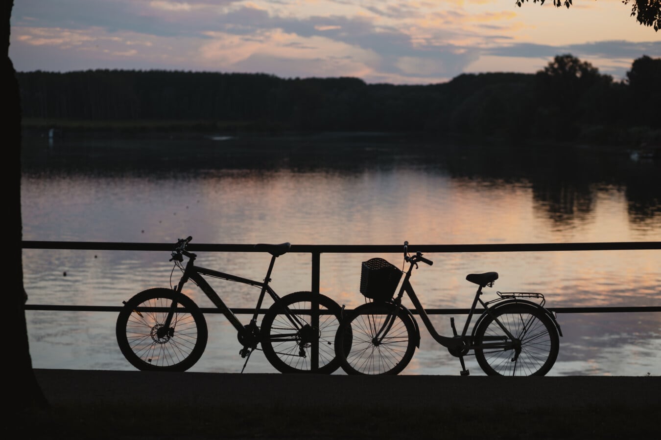 backlight, dusk, silhouette, bicycle, dawn, water, landscape, nature, outdoors, vehicle