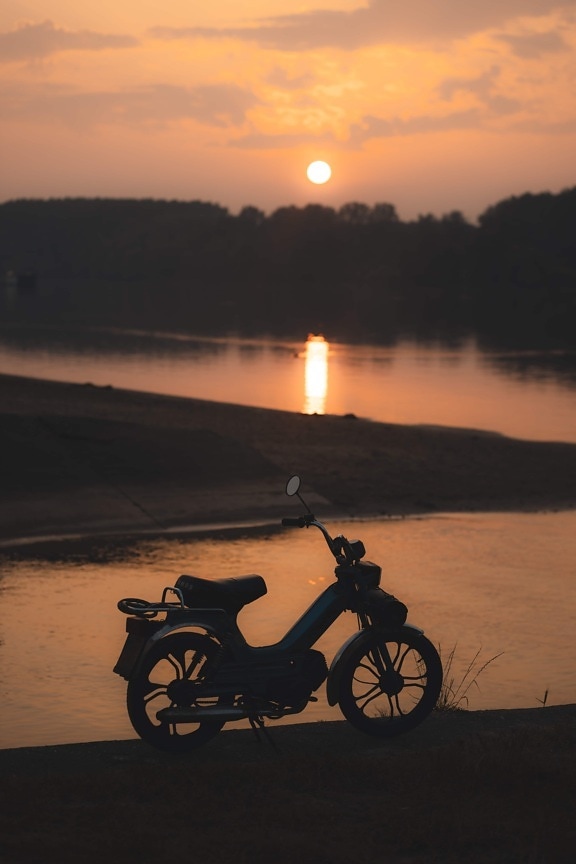 beachfront, moped, beach, sunset, motorcycle, silhouette, motor, dawn, minibike, sun