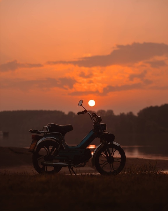 moped, motorcycle, backlight, silhouette, sunset, evening, landscape, lakeside, dawn, vehicle