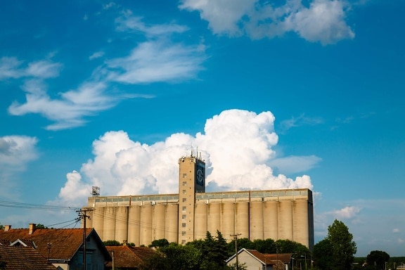 silo, storage, facility, industrial, urban area, street, houses, building, architecture, outdoors