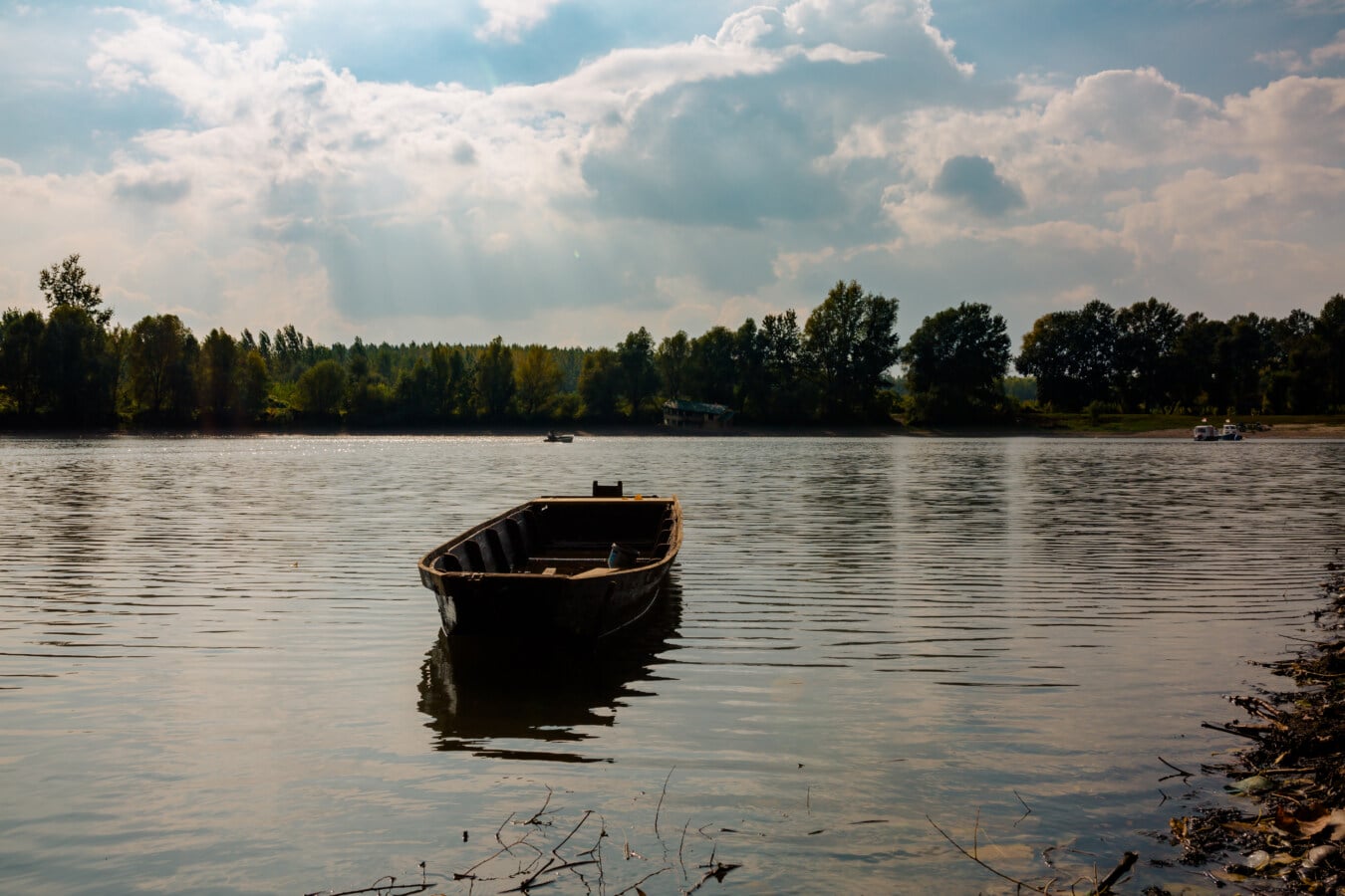 boat, wooden, floating, water level, afternoon, calm, lakeside, lake, water, nature