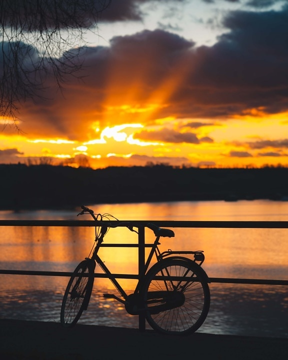 orange yellow, sunrise, sunrays, sun, silhouette, bicycle, lakeside, dawn, dusk, sunset